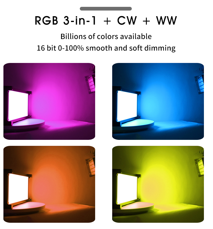 Farbenfrohes Video mit RGB- und zweifarbigem LED-Videopanel-Licht